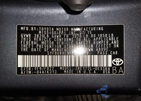 2015 Toyota Corolla S Plus из США, поврежденный, VIN 5YFBURHE9FP361579